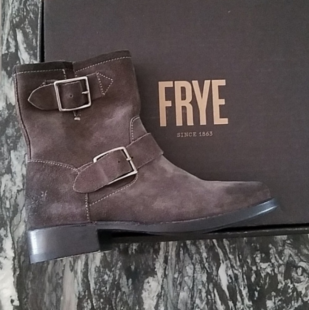 Frye Vicky Gray Oiled Suede Moto Boots